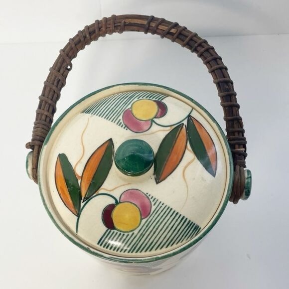 Vintage Japanese Biscuit Cookie Jar Rattan Handle Lidded Vibrant Floral - Picture 5 of 9